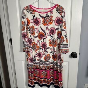 Chico's border print shift dress, size 3 (XL/16), 3/4 sleeve, bold floral